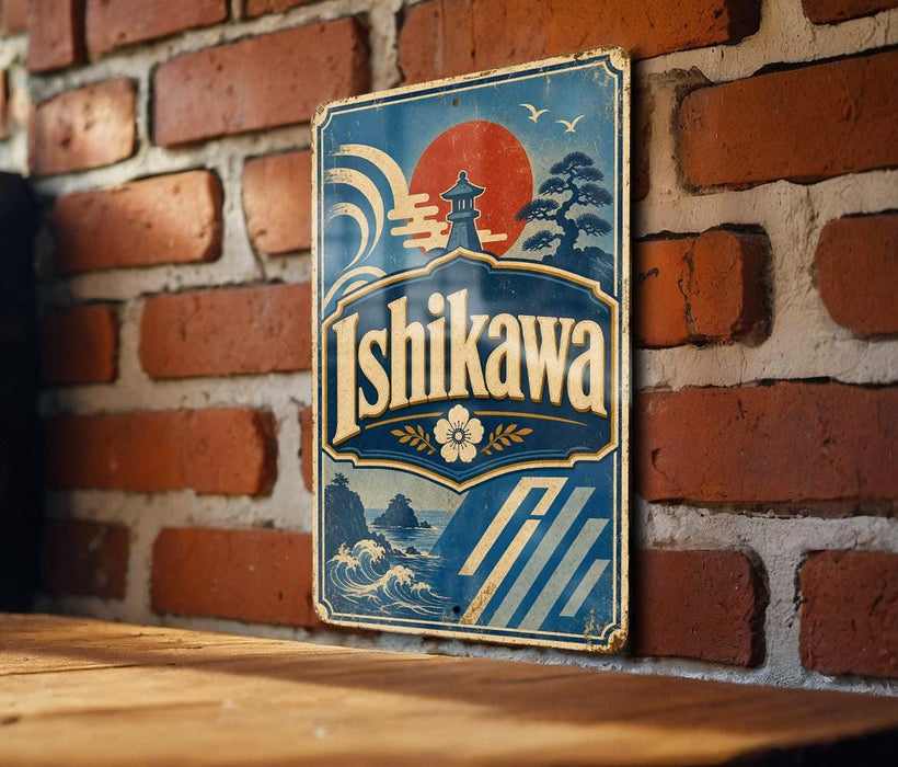 A vintage-style sign for "Ishikawa" is displayed on a brick wall, featuring a sun and pagoda design.