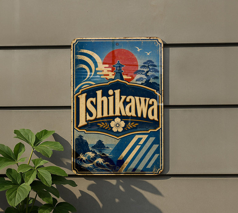 A vintage-style sign for "Ishikawa" is displayed on a wall, featuring a sun and pagoda design.