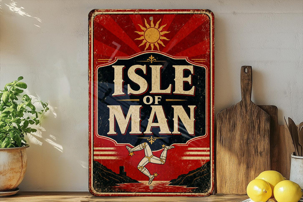 A vintage-style sign with the text "ISLE OF MAN" displayed prominently, featuring a sun and a figure in a red and black background.