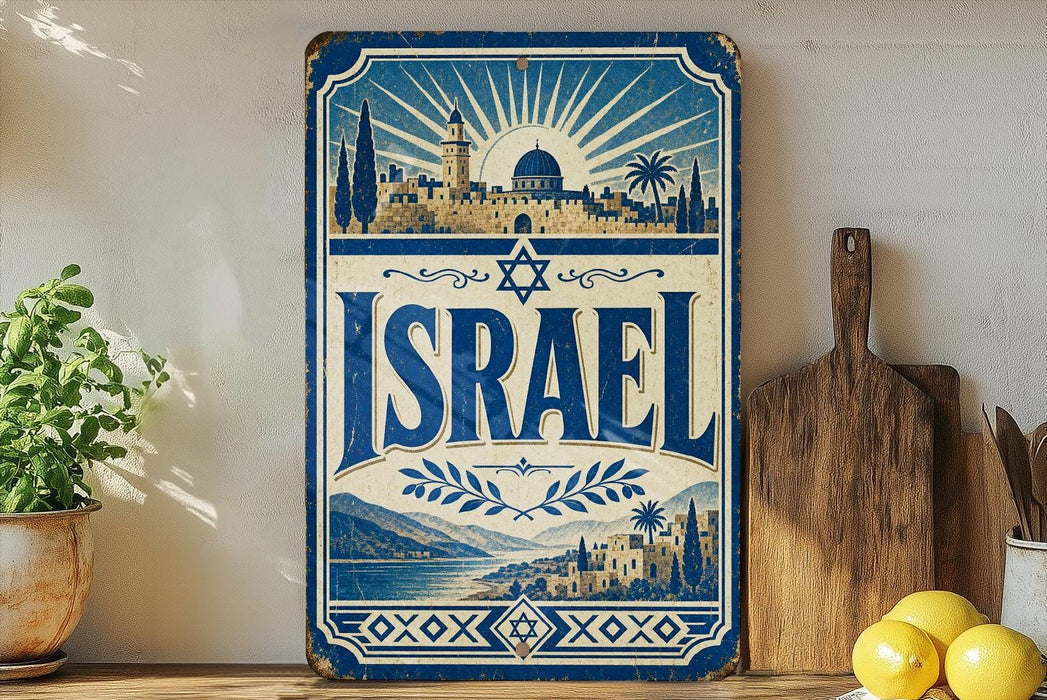 a vintage-style sign with the word "ISRAEL" prominently displayed, surrounded by a decorative border and a sunburst design. The sign is placed on a shelf next to a wooden cutting board and a potted plant, creating a homely and inviting atmosphere.