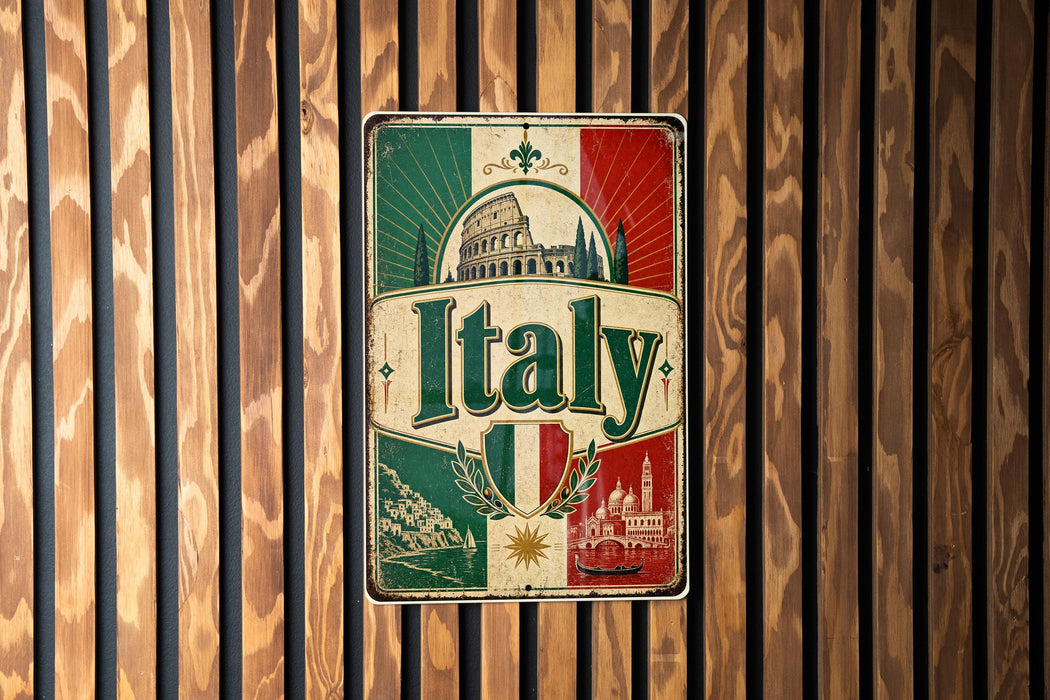 A vintage-style metal sign with the word "Italia" prominently displayed, featuring a combination of green, red, and white colors, along with images of iconic landmarks and symbols associated with Italy.