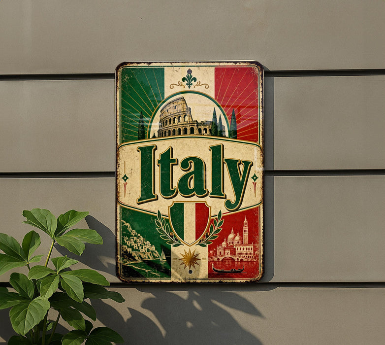 A vintage-style metal sign with the word "Italia" prominently displayed, featuring a collage of images related to Italy, such as landmarks, landscapes, and architecture.