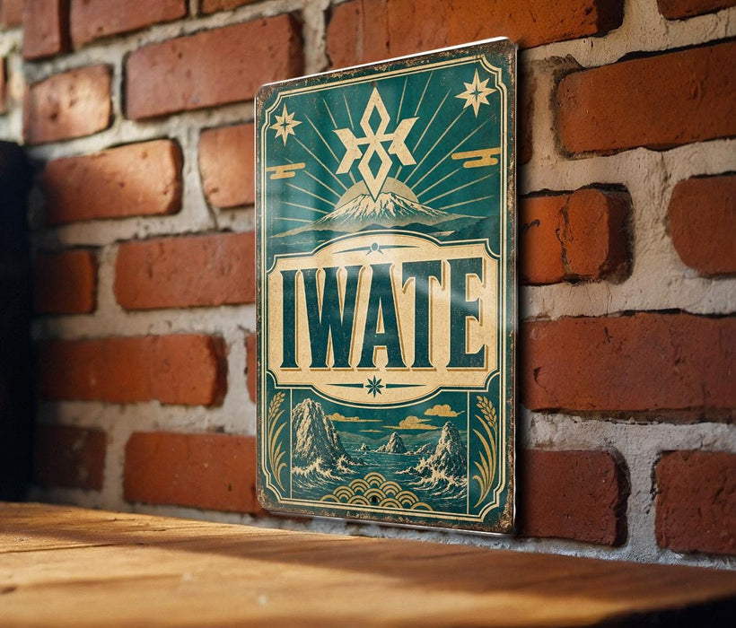 A vintage-style sign with the word "IWATE" prominently displayed, mounted on a brick wall.