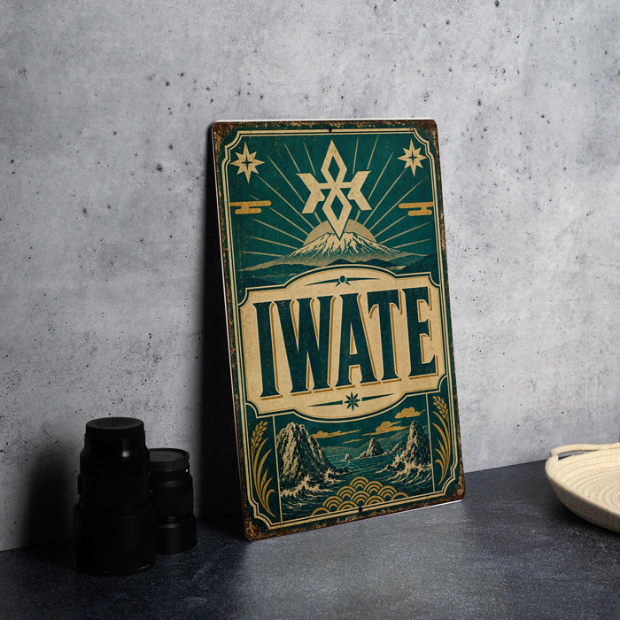 A vintage-style metal sign with the word "IWATE" prominently displayed, featuring a mountain and star design.