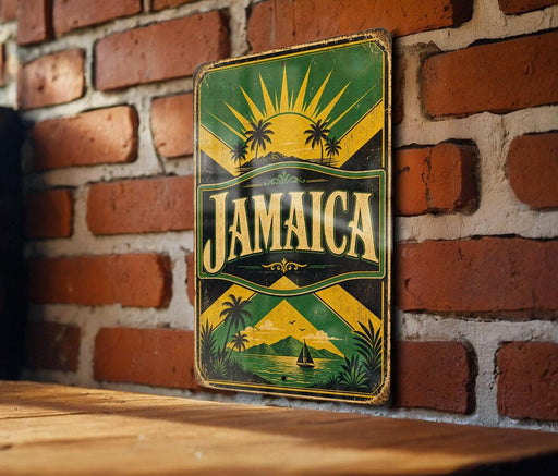 A vintage Jamaica-themed metal sign is displayed on a brick wall, featuring a sun and palm tree design.