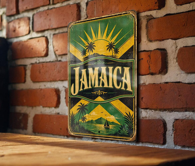 A vintage Jamaica-themed metal sign is displayed on a brick wall, featuring a sun and palm tree design.