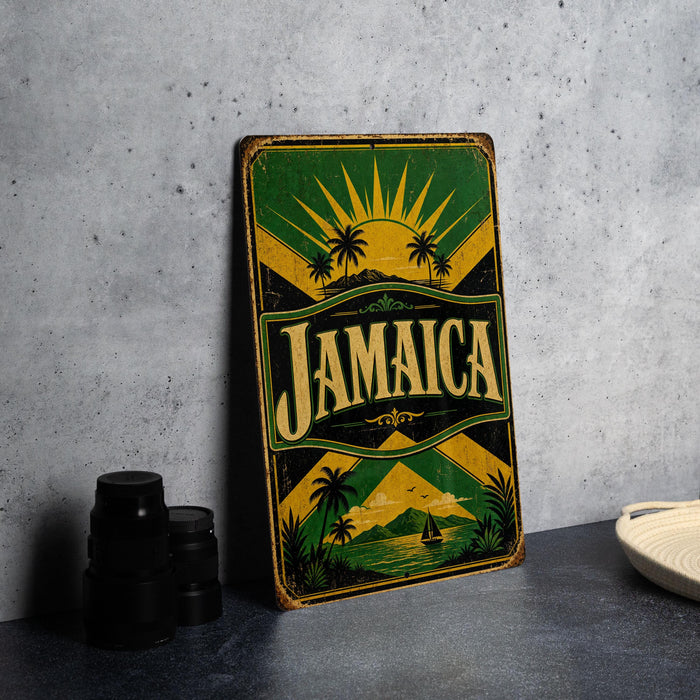 A vintage Jamaica-themed metal sign is displayed on a gray countertop, with a stack of black camera lenses and a white dish visible to the side.