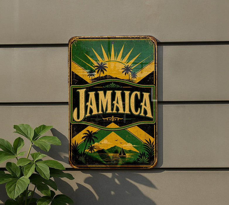 A vintage-style metal sign with the word "Jamaica" prominently displayed, featuring a tropical island landscape with palm trees and a sunburst design.