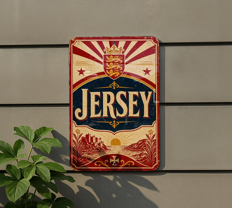 A vintage Jersey sign is displayed on a wall, featuring a red and gold design with a crown and sun motif.