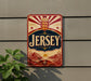A vintage Jersey sign is displayed on a wall, featuring a red and gold design with a crown and sun motif.