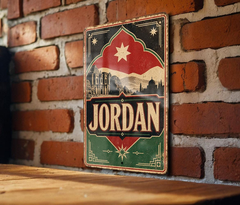 A vintage-style metal sign with the word "JORDAN" prominently displayed, featuring a brick wall and a star in the background.