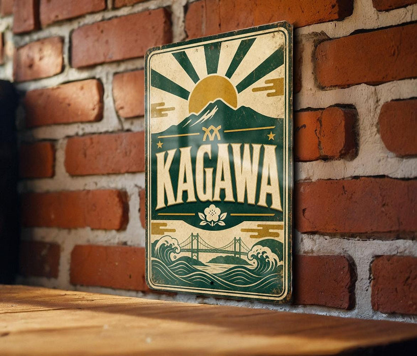 A vintage-style sign with the word "KAGAWA" prominently displayed, featuring a sun and mountain landscape design.