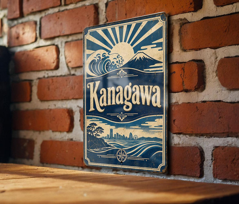 A vintage-style sign with the name "Kanagawa" displayed prominently, mounted on a brick wall.