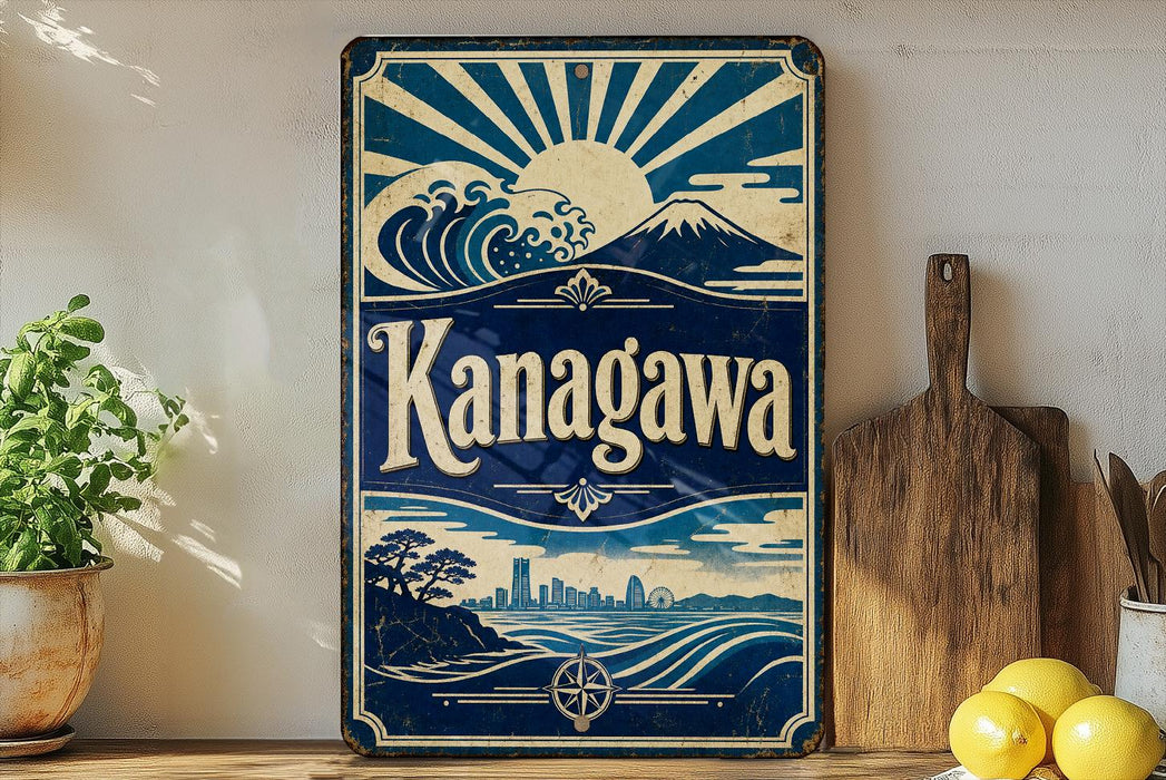 A vintage-style metal sign with a blue and white design, featuring a wave, mountain, and city skyline, along with the text "Kanagawa". The sign is displayed on a shelf next to a wooden cutting board and some potted plants.