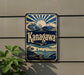 a vintage-style sign with the word "Kanagawa" prominently displayed, along with a sun and mountain landscape design.