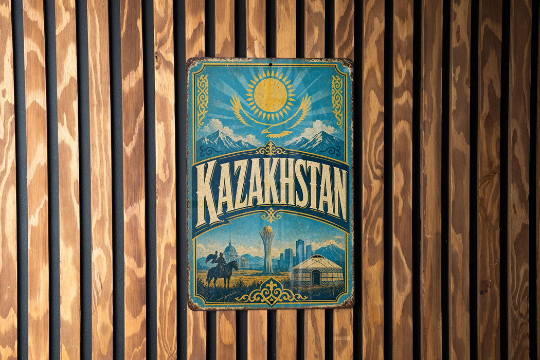 a vintage-style metal sign with the word "Kazakhstan" prominently displayed, set against a wooden background.