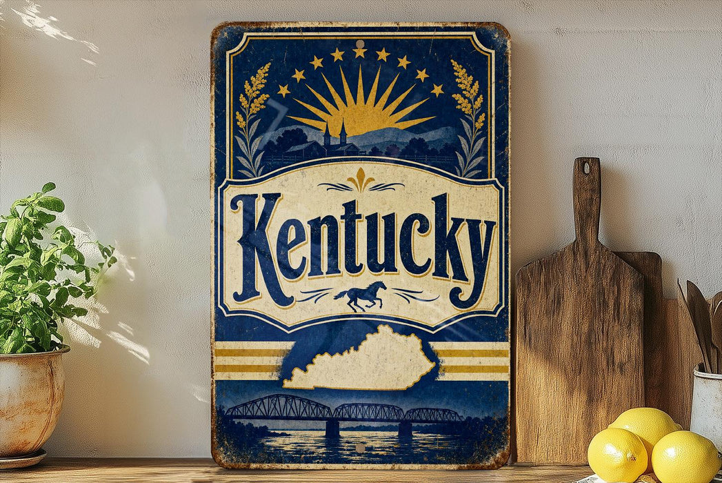 A vintage-style sign for Kentucky featuring a sun and stars design, with the word "Kentucky" prominently displayed. The sign is placed on a wooden surface, with a potted plant, a wooden cutting board, and some lemons nearby.
