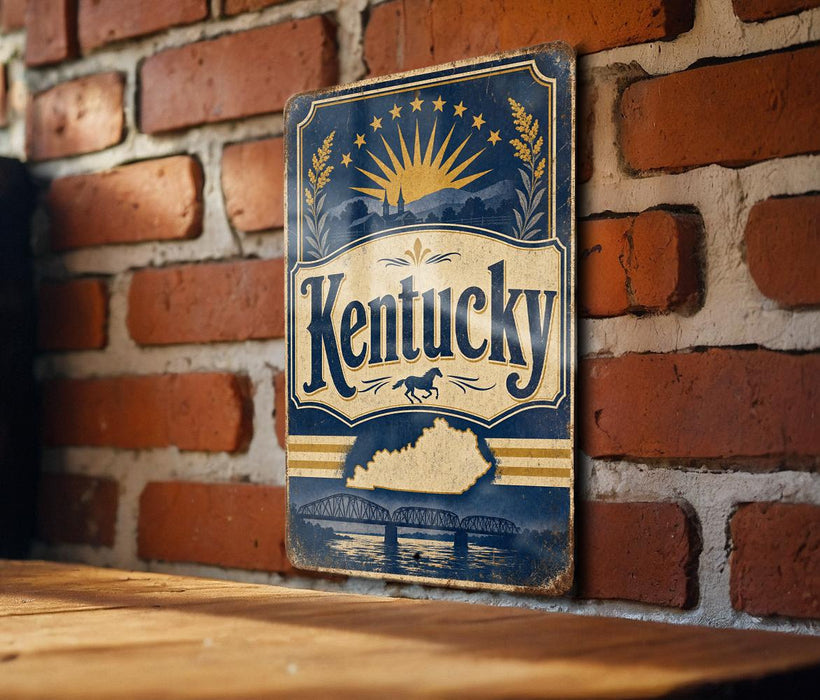 A vintage-style sign for Kentucky mounted on a brick wall.