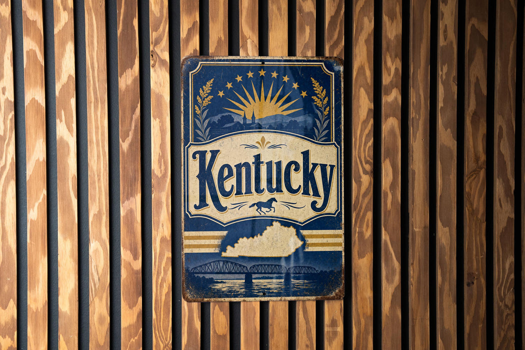 A vintage-style metal sign with the word "Kentucky" prominently displayed, featuring a sun and a horse, is mounted on a wooden wall.