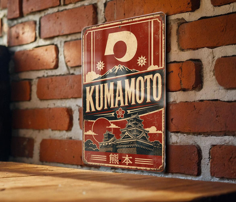 A vintage-style metal sign with the word "KUMAMOTO" displayed prominently, featuring a castle and mountains in the background.