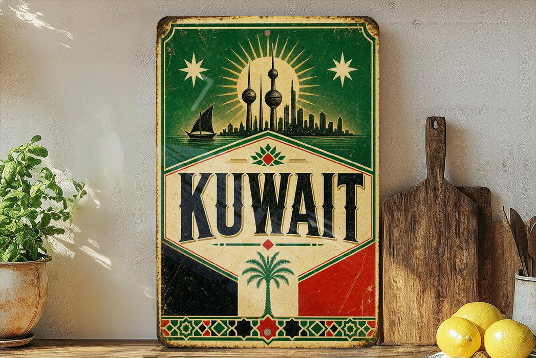 a vintage-style sign with the word "KUWAIT" prominently displayed, surrounded by a green and red border. The sign is placed on a shelf next to a wooden cutting board and a potted plant, creating a homely and inviting atmosphere.