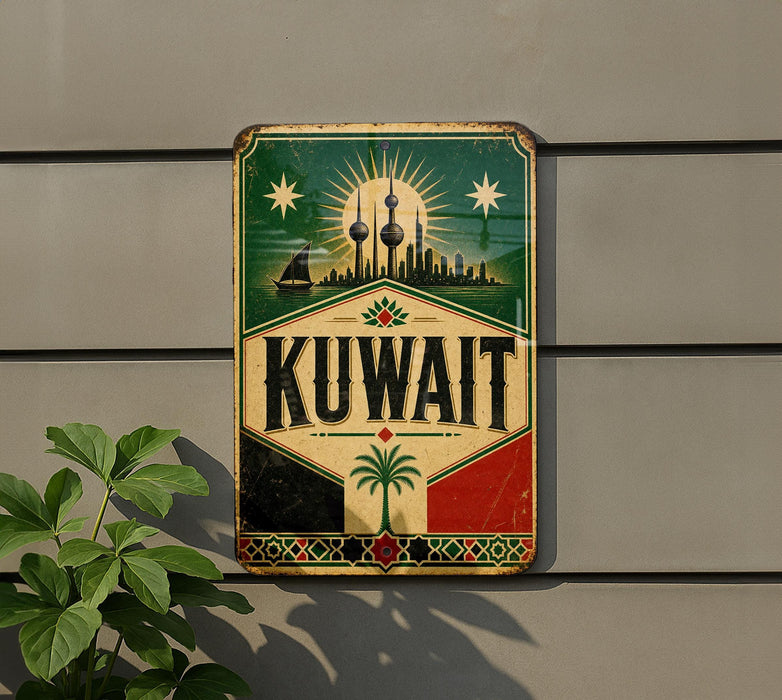 a vintage-style sign with the word "KUWAIT" prominently displayed, along with a cityscape and a palm tree. The sign is mounted on a wall, and there is a plant visible to the left of the sign.