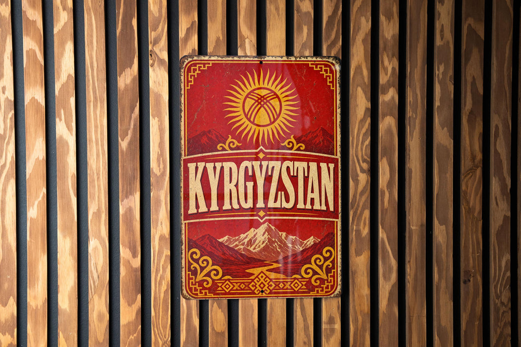 A vintage-style sign with the word "KYRGYZSTAN" displayed prominently in the center, surrounded by a sun-like symbol and mountainous landscape.
