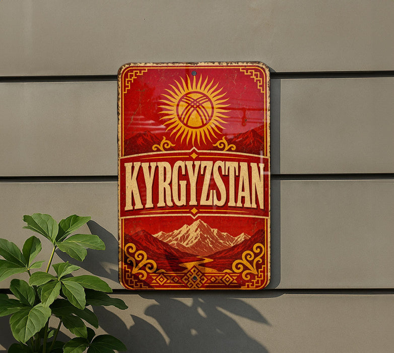 a sign with the word "KYRGYZSTAN" prominently displayed, along with a sun and mountains in the background.
