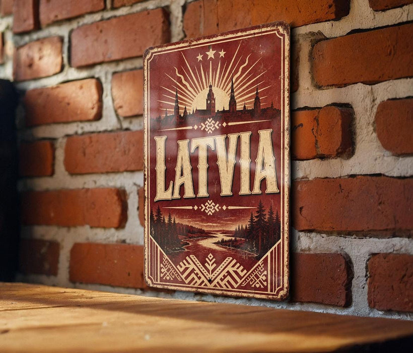 A vintage-style sign with the word "LATVIA" prominently displayed, featuring a sunburst design and silhouetted cityscape.