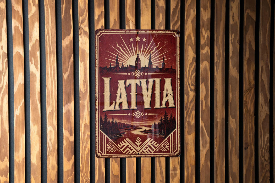 A vintage metal sign with the word "LATVIA" prominently displayed, featuring a scenic landscape with a river and mountains in the background.