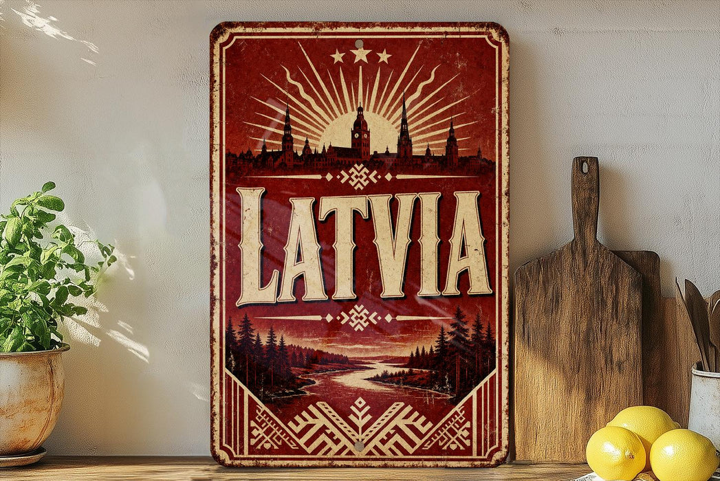 A vintage-style metal sign with the word "LATVIA" prominently displayed, featuring a sunburst design and silhouettes of buildings and trees. The sign is placed on a wooden surface, with a potted plant, a wooden cutting board, and some lemons nearby.