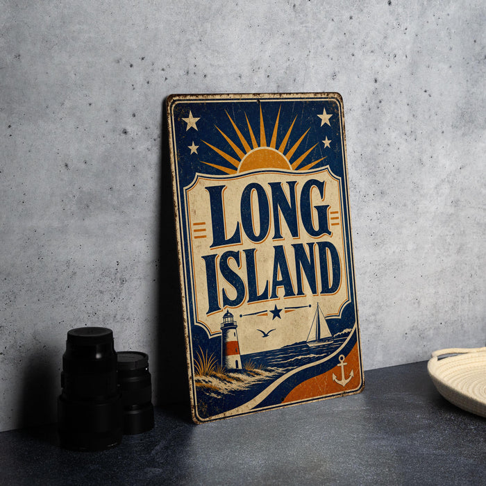 A vintage metal sign with the text "LONG ISLAND" and a lighthouse illustration, placed on a gray countertop next to some black camera lenses.