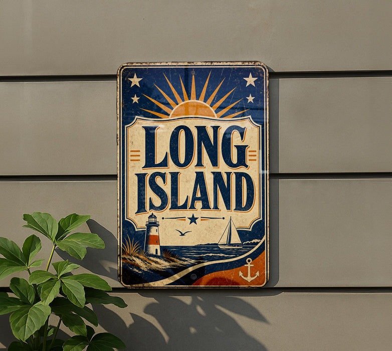 A vintage metal sign with the text "LONG ISLAND" displayed prominently, featuring a lighthouse and a sun-like symbol.