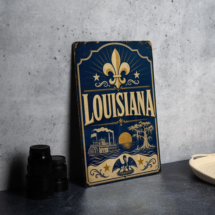 A vintage-style metal sign with the word "LOUISIANA" prominently displayed, featuring a fleur-de-lis symbol and various decorative elements.