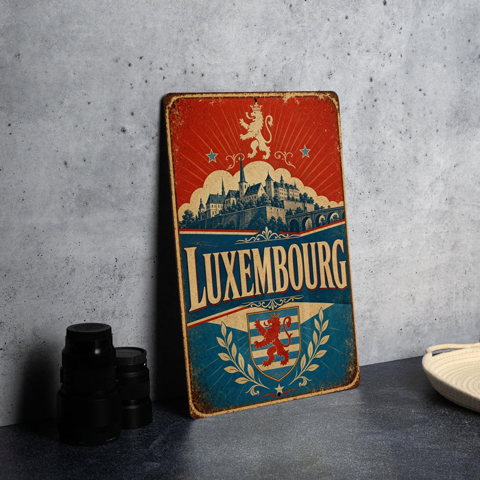 A vintage-style metal sign with the text "LUXEMBOURG" prominently displayed, featuring a castle and a lion. The sign is placed on a gray surface, with some black camera lenses visible in the background.