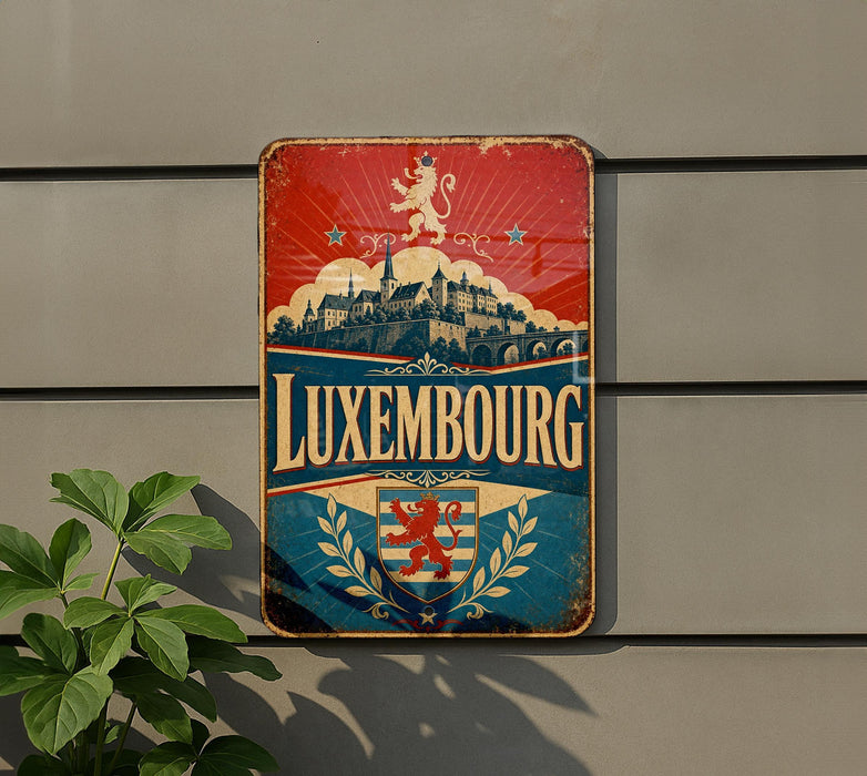 A vintage metal sign with the word "LUXEMBOURG" prominently displayed, featuring a castle, lion, and laurel wreath design.