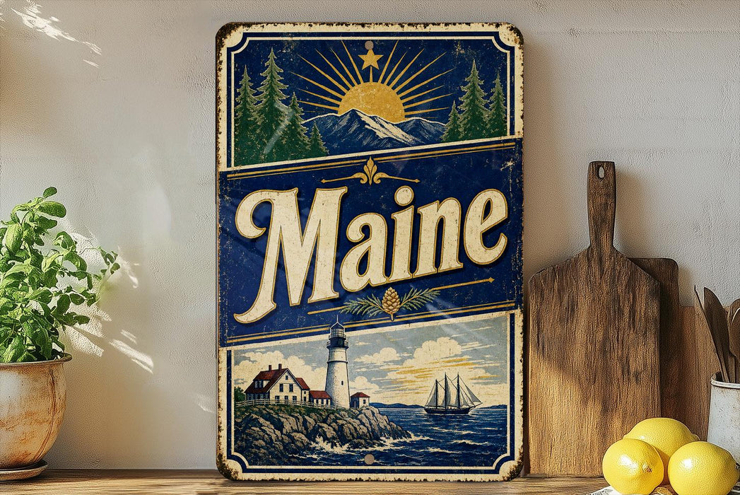 A vintage Maine-themed metal sign with a lighthouse, mountains, and a sun in the sky, displayed on a shelf next to a wooden cutting board and some lemons.