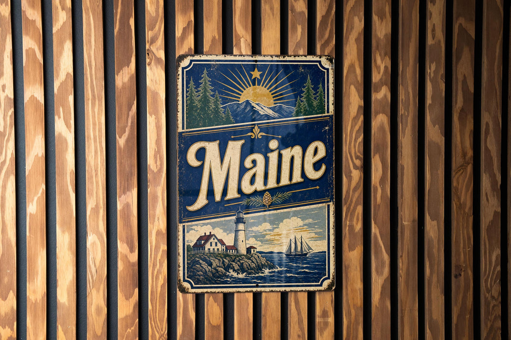 A vintage metal sign with the word "Maine" prominently displayed, featuring a lighthouse and a scenic coastal landscape.