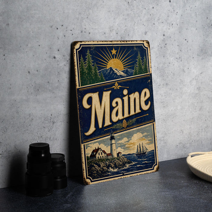 A vintage Maine-themed metal sign with a lighthouse, mountains, and a sun in the background, along with the word "Maine" prominently displayed.