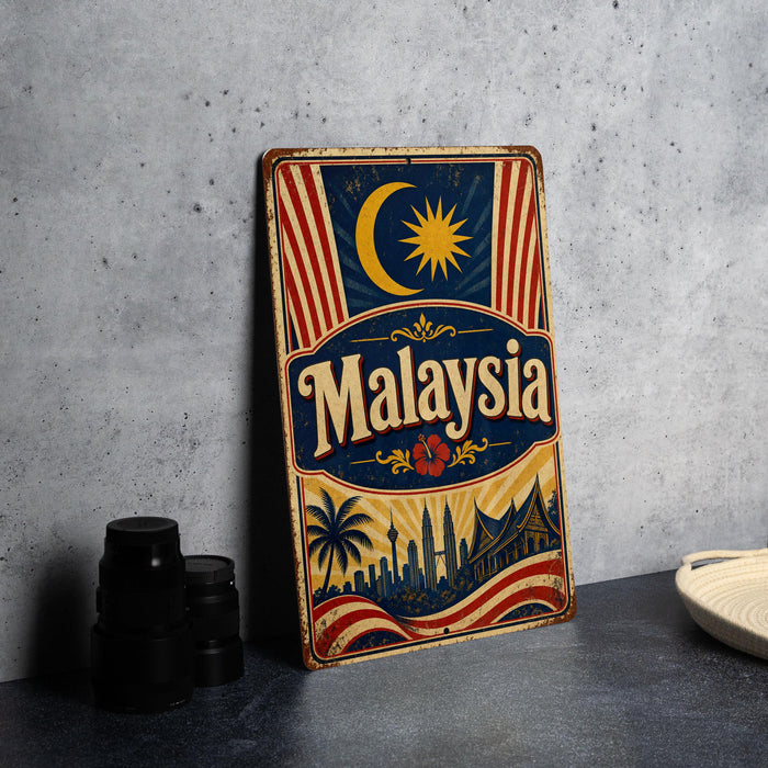 A vintage metal sign with the word "Malaysia" prominently displayed, featuring a crescent moon, sun, and a city skyline.