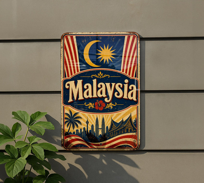 A vintage metal sign with the word "Malaysia" prominently displayed, featuring a crescent moon, sun, and a traditional Malaysian architectural style.