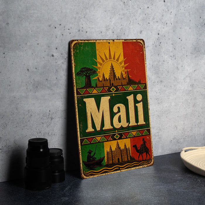 A vintage metal sign with the word "Mali" prominently displayed, featuring a colorful illustration of landmarks and a sun.