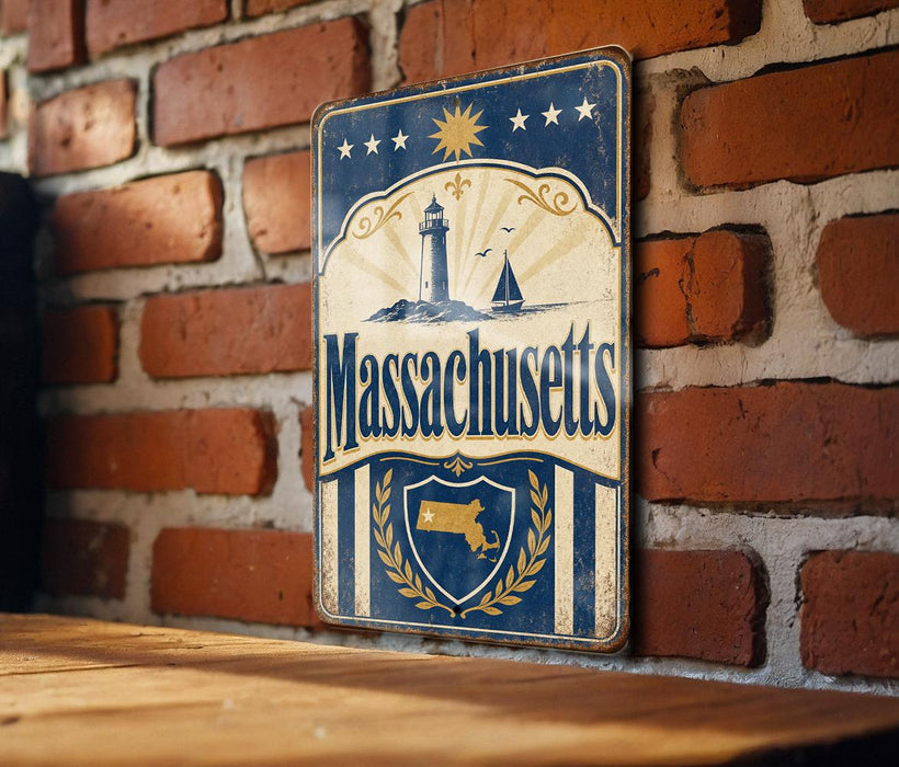 A vintage metal sign displaying the name "Massachusetts" with a lighthouse and sailboat illustration, mounted on a brick wall.