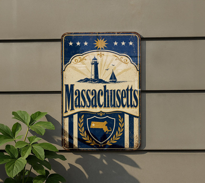A vintage metal sign with the text "Massachusetts" displayed prominently, featuring a lighthouse and sailboat illustration. The sign is mounted on a wall, and there is a plant visible to the left of the sign.
