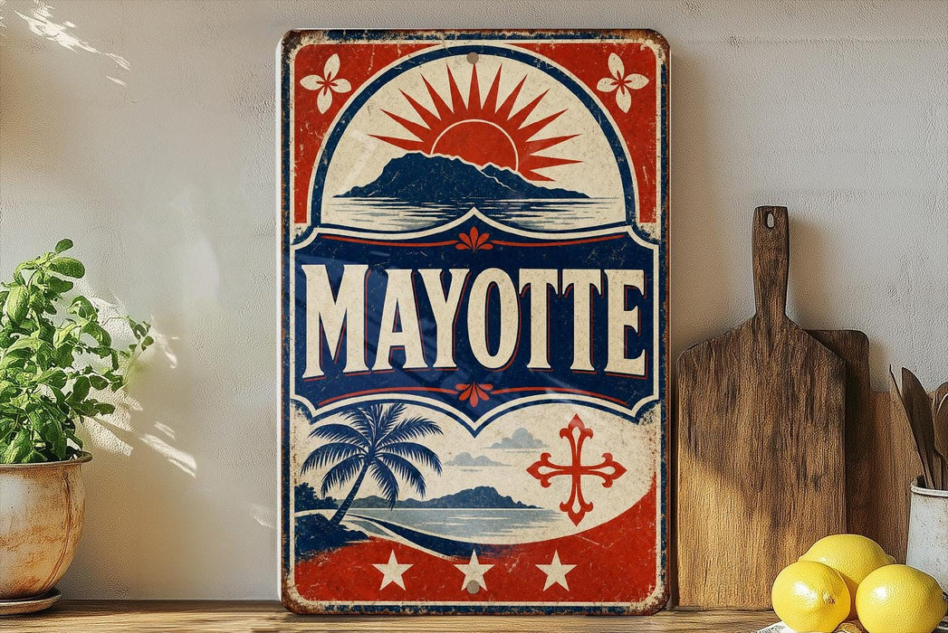 A vintage-style metal sign with the word "MAYOTTE" prominently displayed, featuring a sun and palm tree design. The sign is placed on a shelf next to a wooden cutting board and a potted plant.