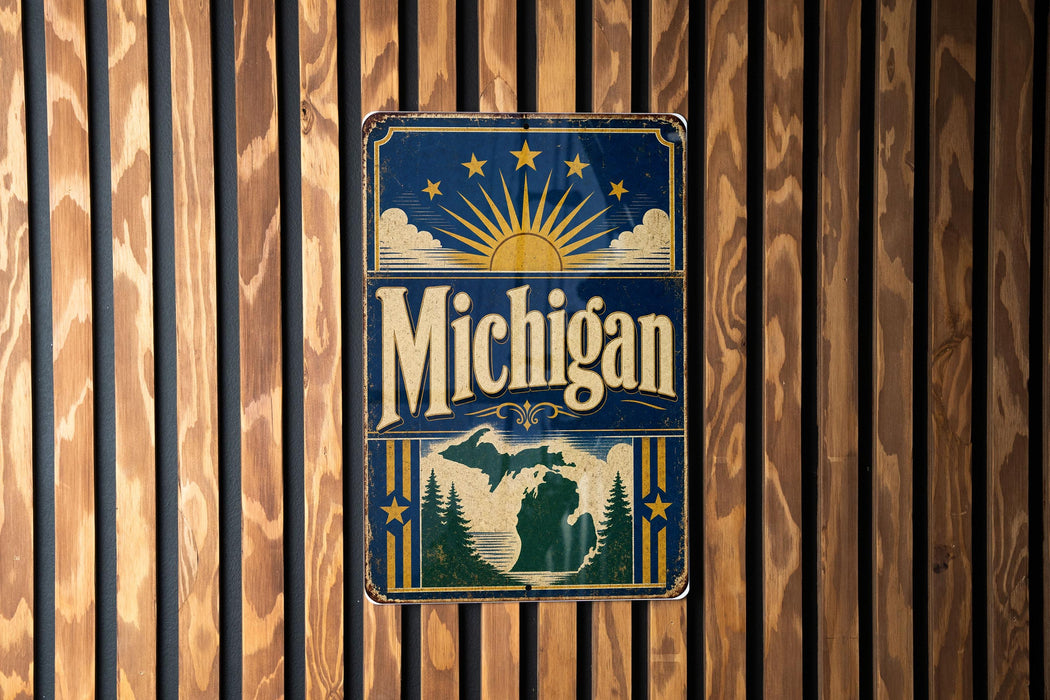 A vintage metal sign with the word "Michigan" prominently displayed, featuring a sun and clouds design, is mounted on a wooden wall.