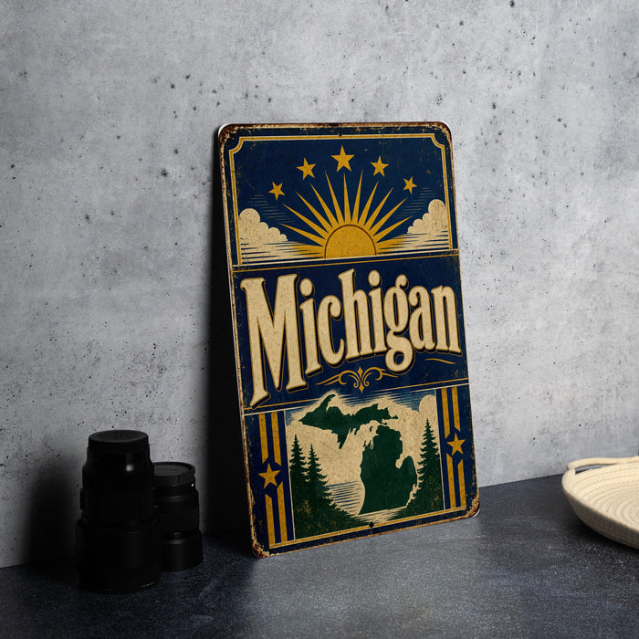 A vintage-style metal sign with the word "Michigan" prominently displayed, featuring a sun and clouds design, and a maple leaf illustration. The sign is placed on a gray countertop next to some black camera lenses.
