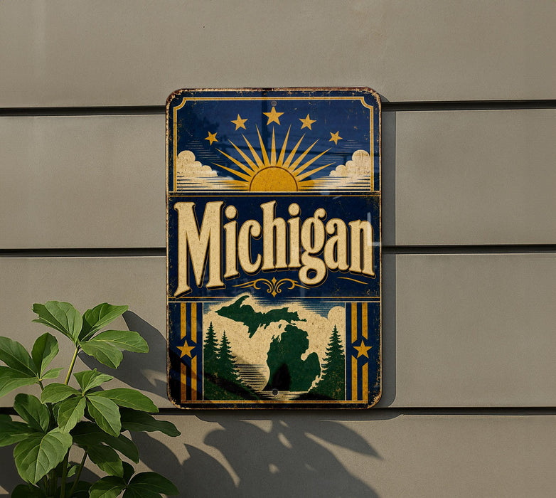 A vintage-style metal sign with the word "Michigan" prominently displayed, featuring a sun and clouds design, and a maple leaf.