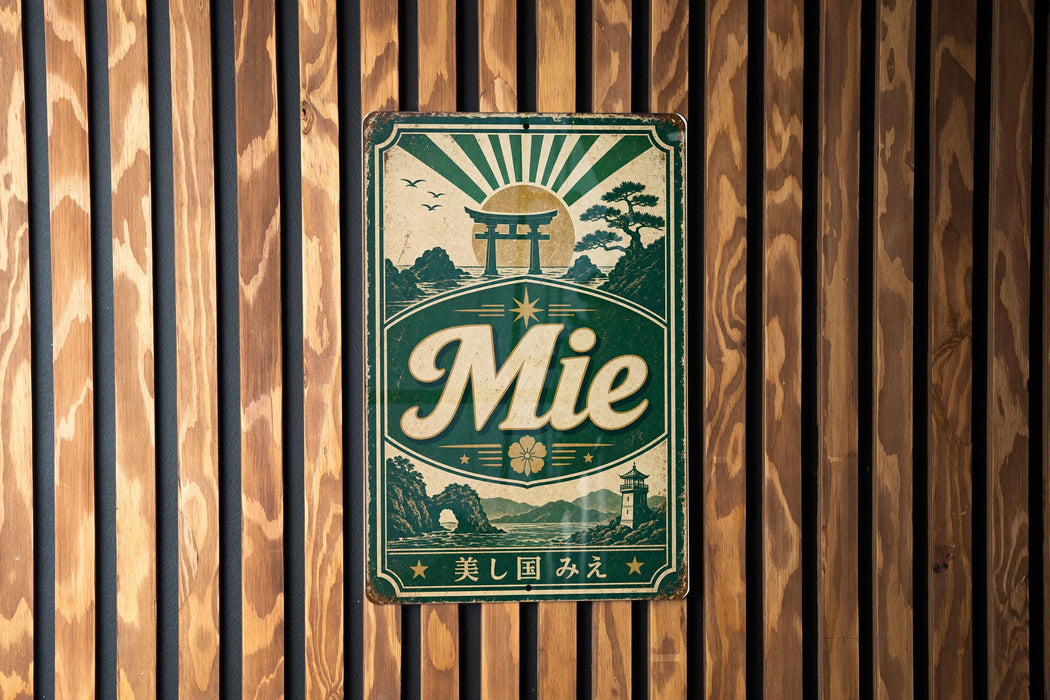 A vintage metal sign with the word "Mie" prominently displayed, featuring a sun and pagoda-like structure, is mounted on a wooden wall.