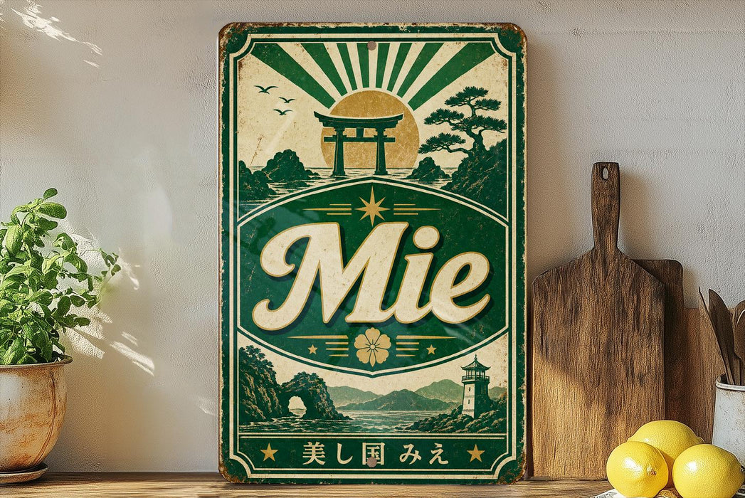 A vintage-style sign with a green and white color scheme, featuring a Japanese-inspired design with a torii gate, mountains, and a sun. The sign displays the word "Mie" prominently in the center.